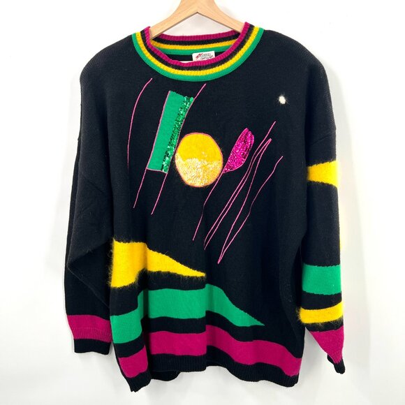 Vintage Hauber 80s 90s sweater virgin wool angora sequin Memphis design y2k 16 - Picture 2 of 13